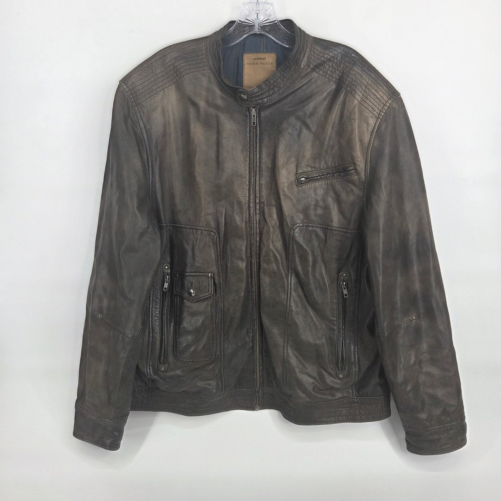 Conbipel Vera Pelle Leather Jacket 58 Brown Biker Moto Distressed Rugged Core